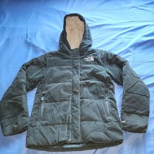 THE NORTH FACE GIRLS 600 FILL DOWN PUFFER HOODED JACKET CORDUROY GREEN SZ M (10)